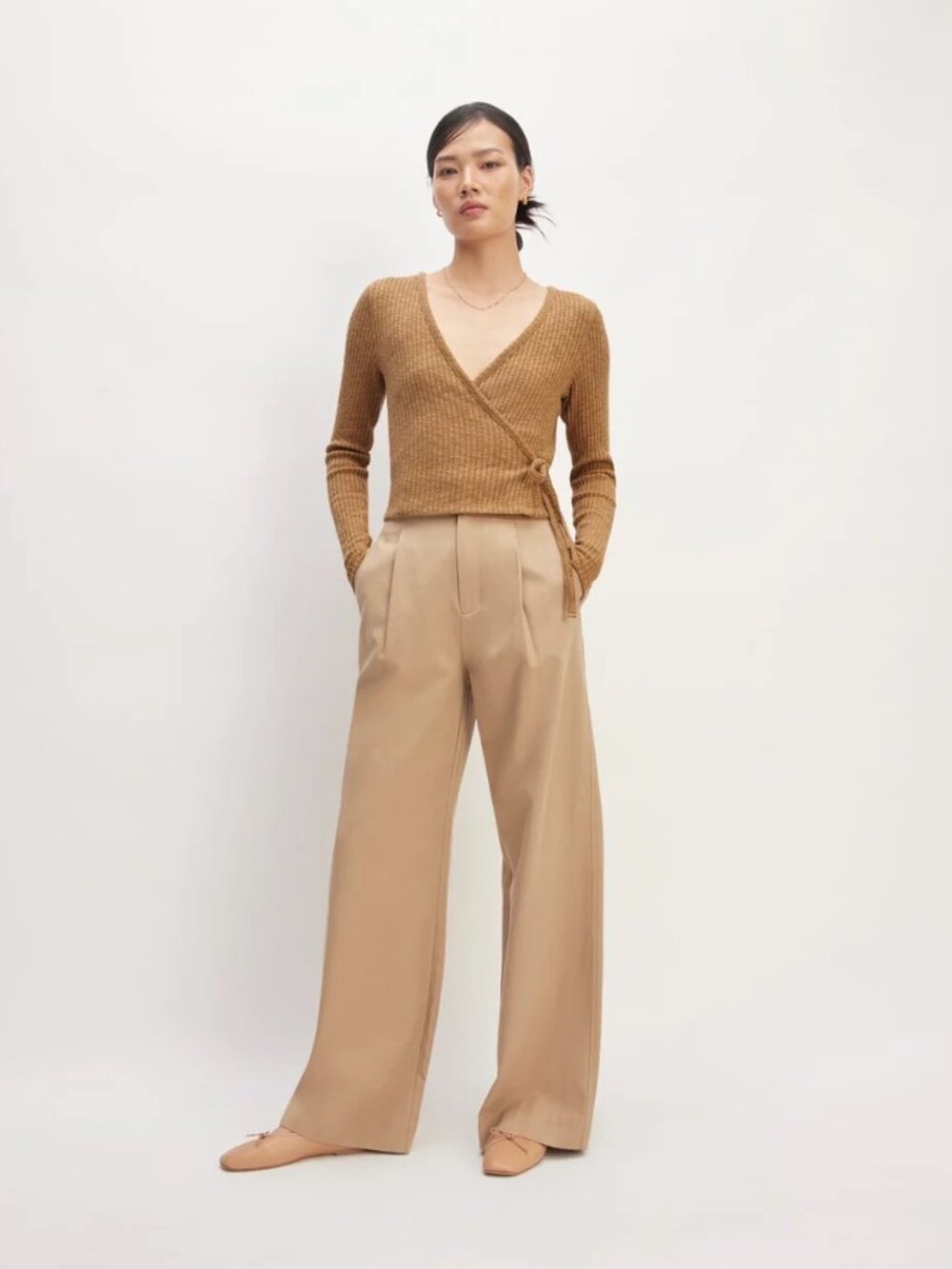 Everlane Cozy Rib Wrap Top | Cappuccino Brown | Balletcore Tie Front Sweater - Picture 3 of 9